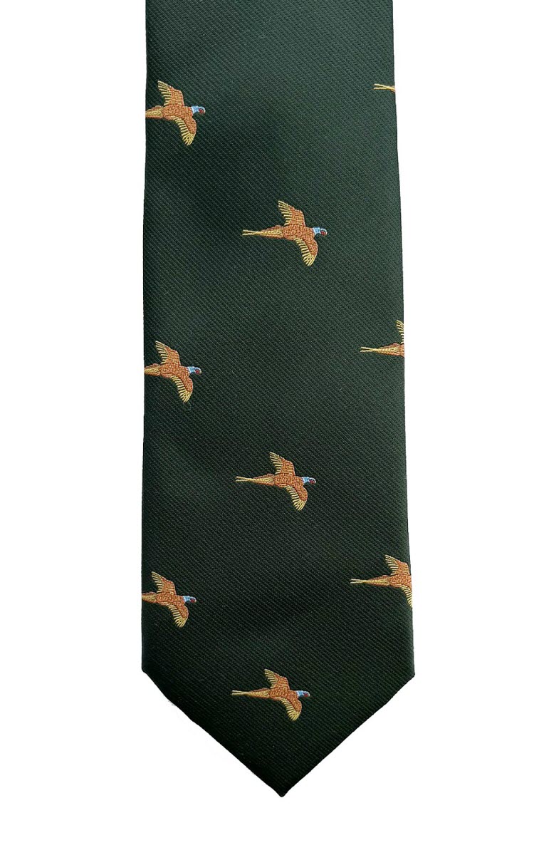 Bottle green country tie with embroidered flying pheasants