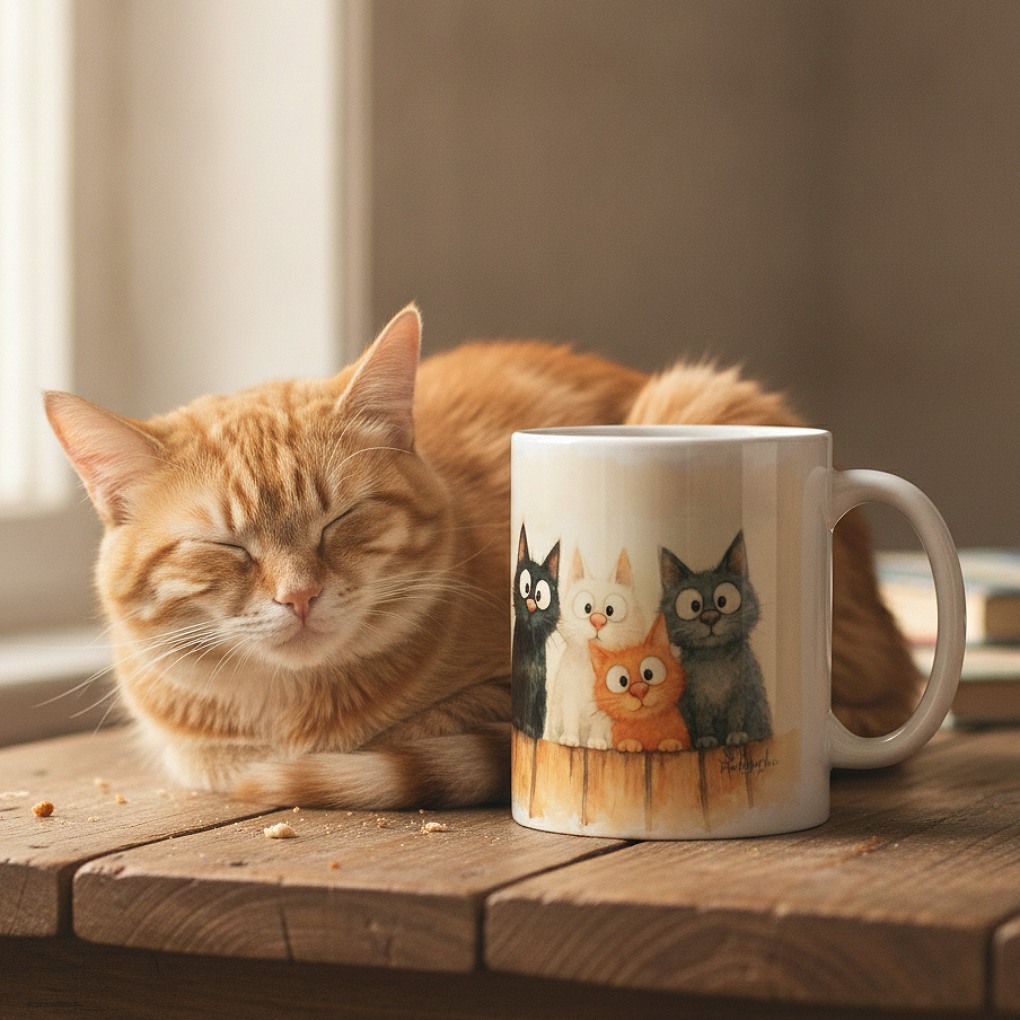Comical wide-eyed cats china mug with four colourful cats peering over a fence