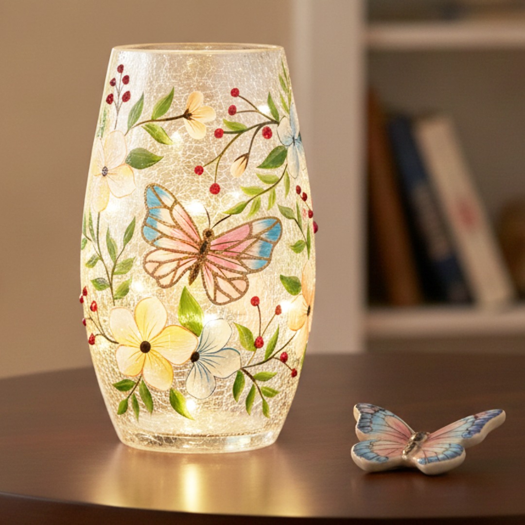 Curved crackle glass butterfly lamp with colourful floral design illuminated