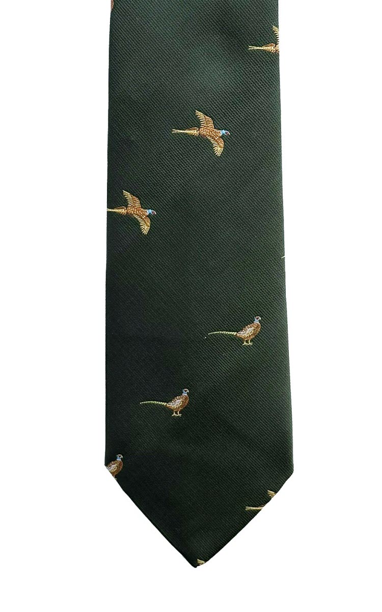 Green country tie with embroidered flying and standing pheasants