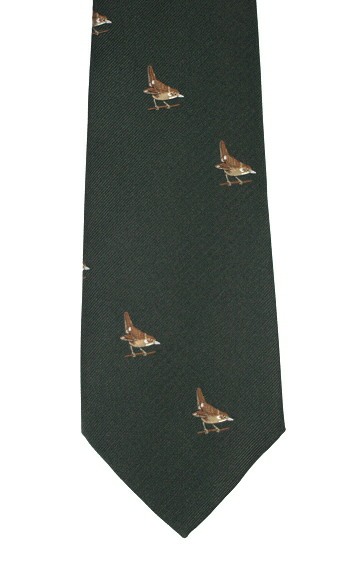 Green country tie with embroidered wren design