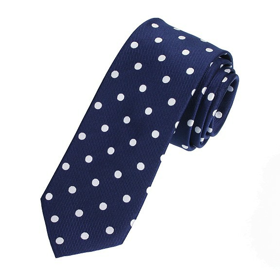 navy blue and large white spot narrow tie