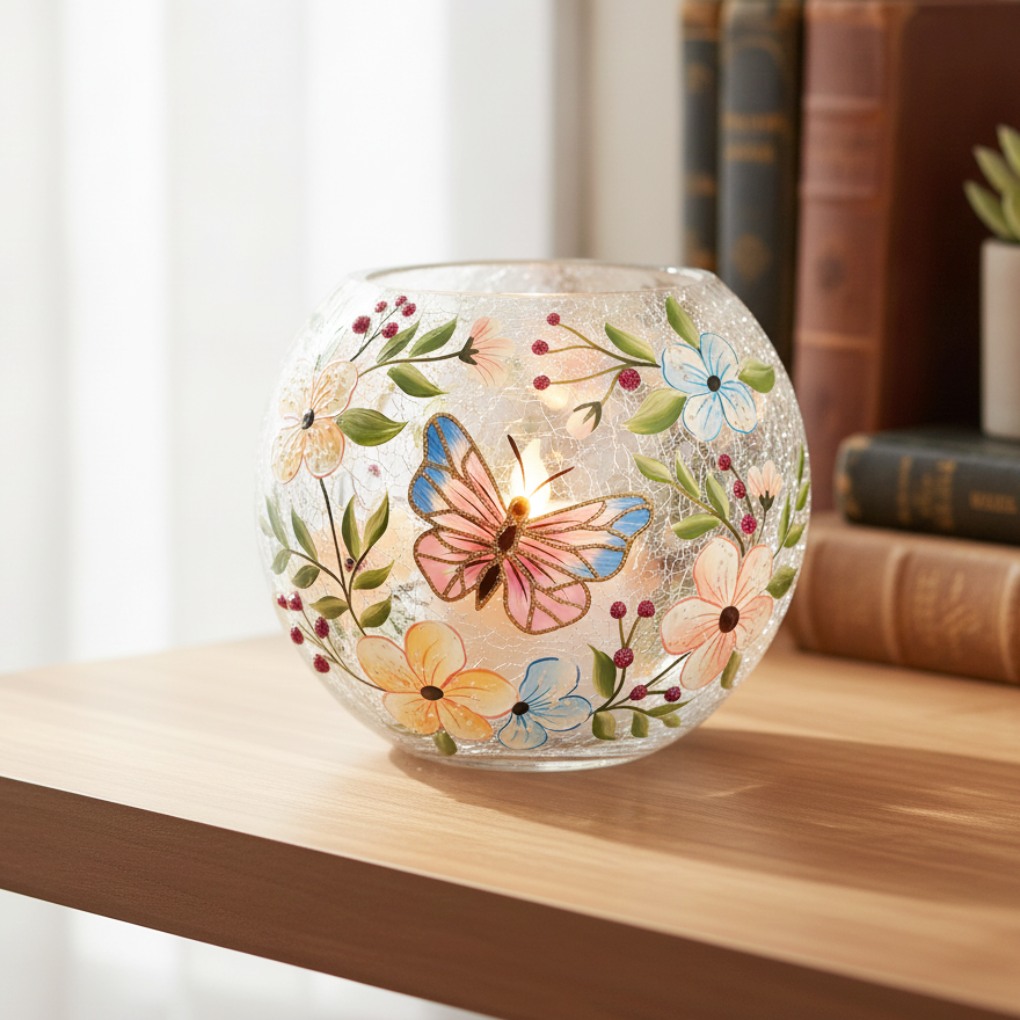 Round crackle glass butterfly tealight holder with colourful floral design
