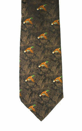 Dark brown country tie with embroidered flying mallard ducks on a detailed woodland background