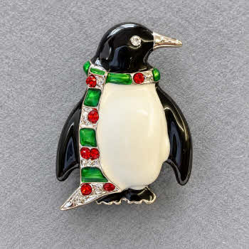Black and white Indulgence penguin brooch with scarf