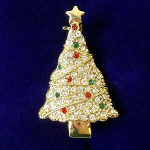 Indulgence sparkly gold christmas tree brooch with diamante crystals, red and green baubles and a gold star, presented in a gift box