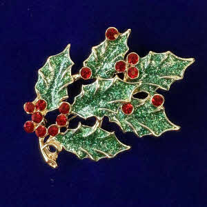 Indulgence holly and berries brooch - green sparkly leaves with red diamante berries, presented in a stylish gift box