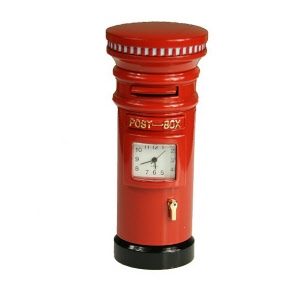 red british post box letter box miniature clock