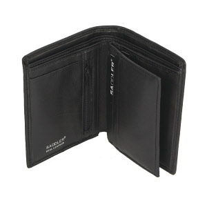 Men's soft black leather wallet open showing zipped compartment and card slots