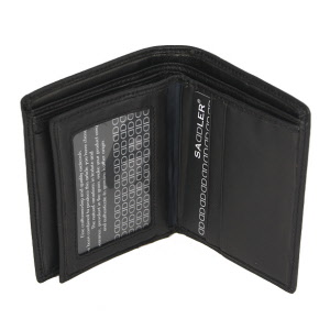Men's soft black leather wallet open showing ID holder and card slots