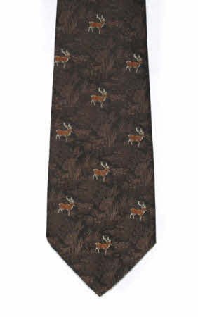 Dark brown country tie with embroidered stags on a detailed woodland background