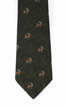 Dark green country tie with embroidered stags on a detailed woodland background